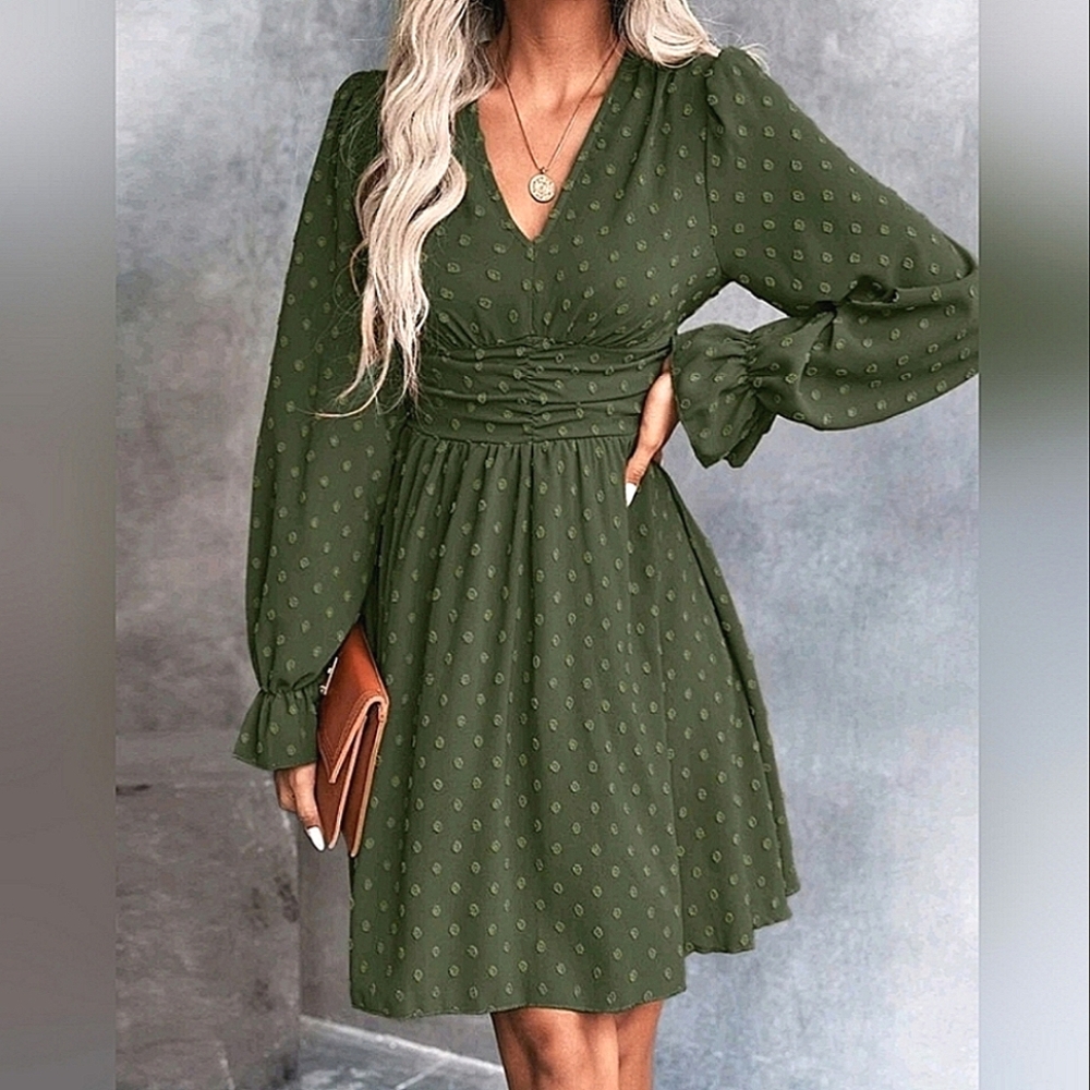 New Flowy Dot Long Sleeve Ruched Waist Short Dress Olive Green
